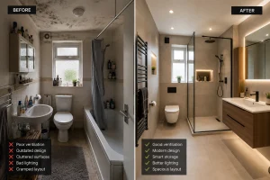 Modern bathroom renovation in Dudley showing common bathroom design mistakes and professional renovation solutions in a UK home interior.