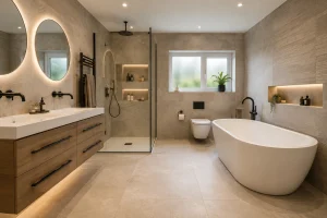 Modern family bathroom layout in a Walsall home with walk-in shower, freestanding bath, double vanity unit and contemporary storage design.