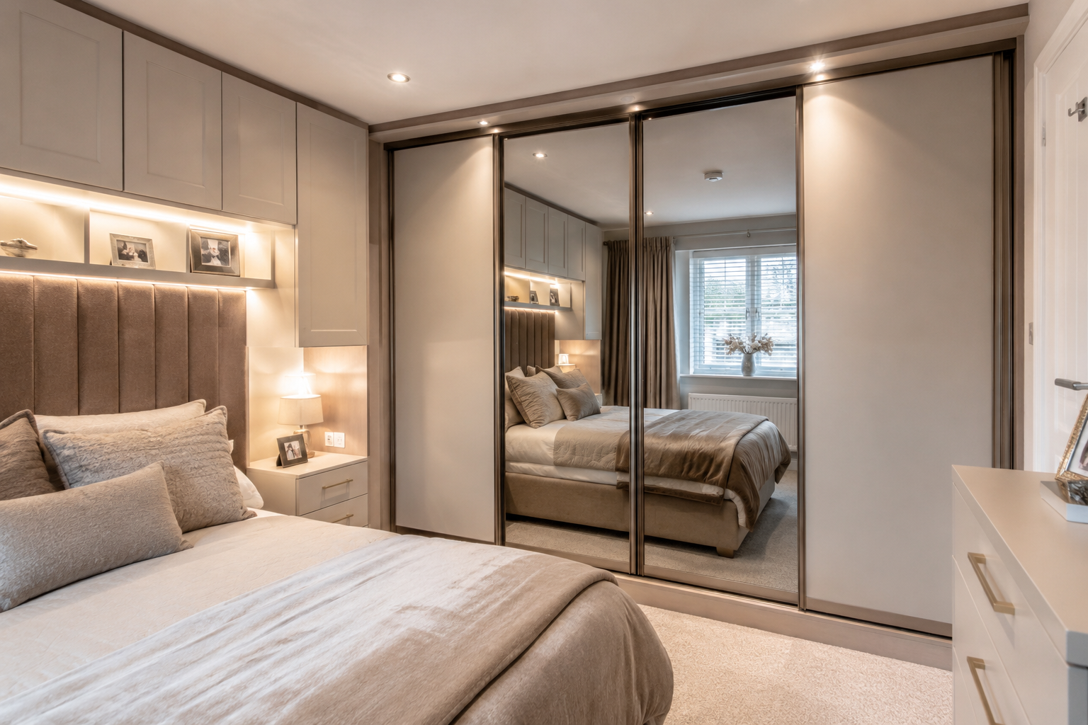 Modern fitted wardrobe ideas for a small bedroom in Wolverhampton with mirrored sliding doors and space-saving storage solutions