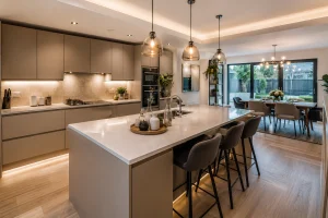 Modern open-plan family kitchen layout in a Wolverhampton home with island, handleless cabinets, quartz worktops, and dining area
