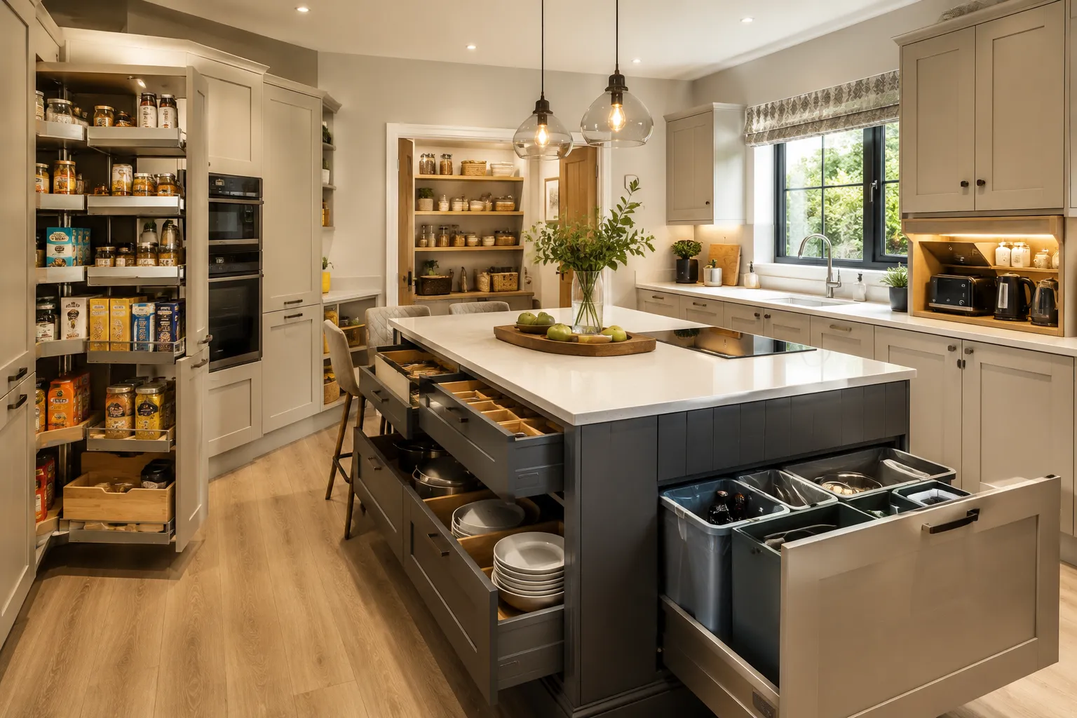 Modern family kitchen in Walsall featuring smart storage solutions including a pull-out pantry, kitchen island drawers and floor-to-ceiling fitted cabinets