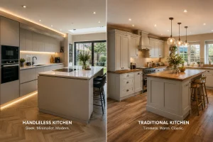 Handleless kitchen and traditional kitchens comparison in a Wolverhampton home interior