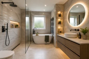Luxury bathroom renovation in Dudley featuring a walk-in shower, freestanding bath, floating vanity unit and marble-effect tiles in a modern UK home.
