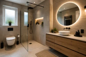 Modern luxury bathroom design in a Wolverhampton home with walk-in shower, floating vanity unit, LED mirror, and stone-effect tiles
