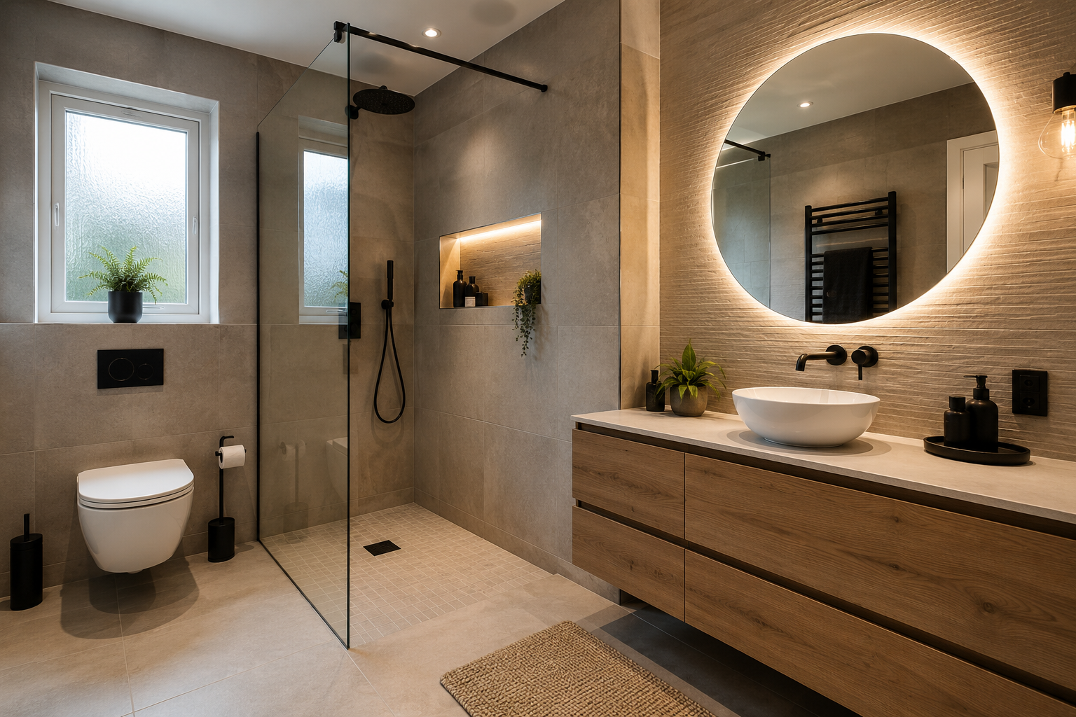 Modern luxury bathroom design in a Wolverhampton home with walk-in shower, floating vanity unit, LED mirror, and stone-effect tiles