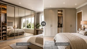 Sliding wardrobes and hinged wardrobes comparison in a modern South Staffordshire fitted bedroom