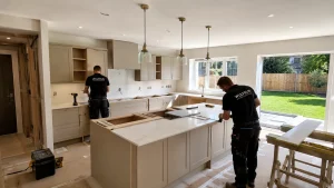 Professional kitchen renovation in progress at a modern family home in Walsall with fitted cabinets, quartz worktops and installation works underway