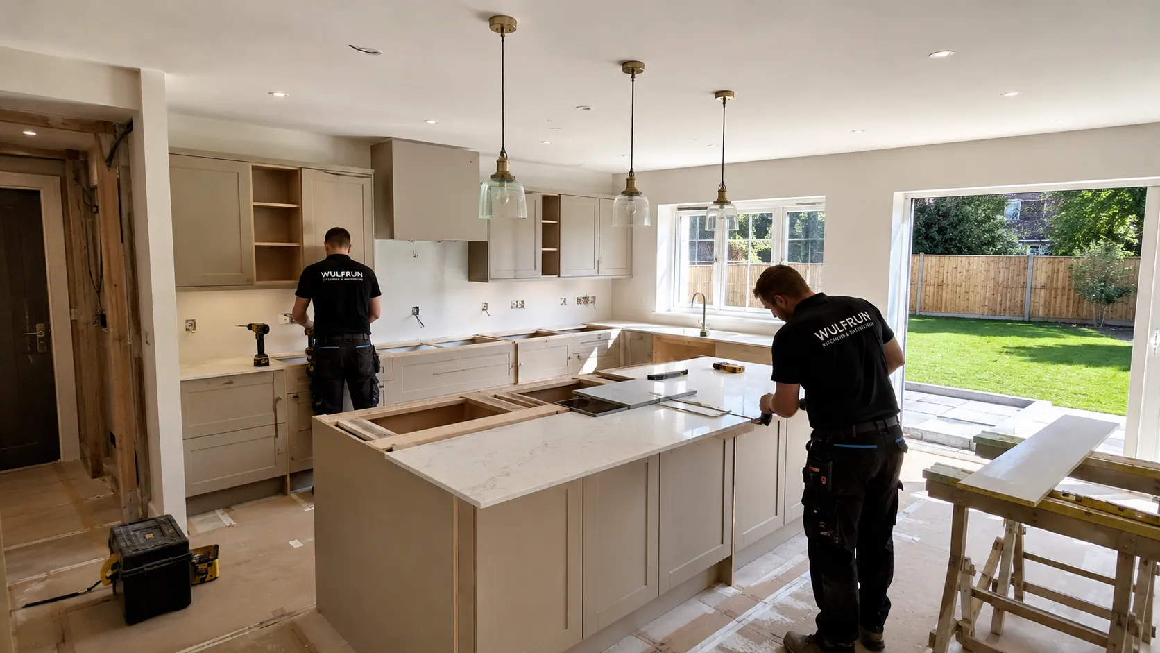 Professional kitchen renovation in progress at a modern family home in Walsall with fitted cabinets, quartz worktops and installation works underway