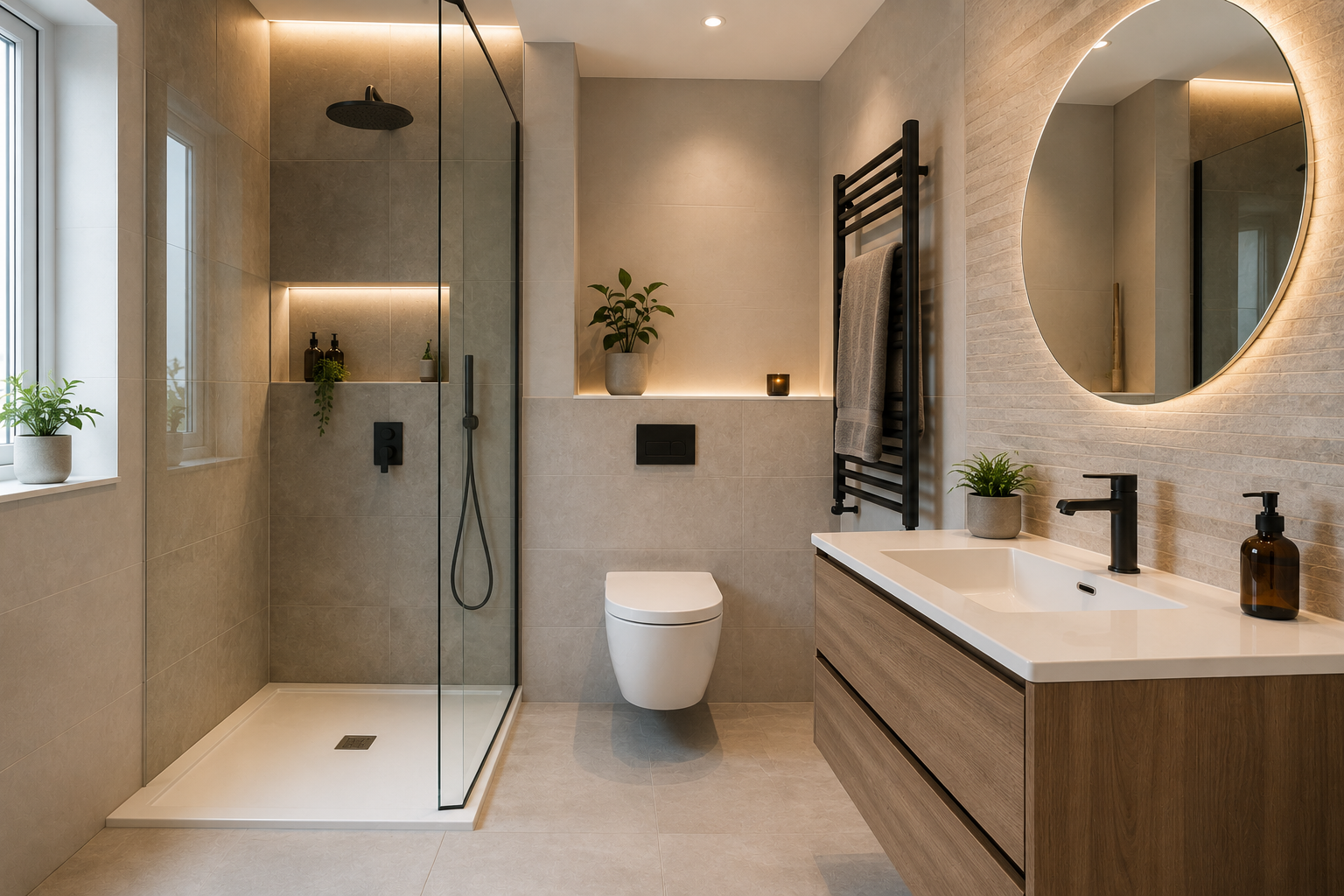 Modern bathroom renovation featuring a walk-in glass shower, floating vanity, wall-mounted toilet, neutral tiles, and contemporary lighting.