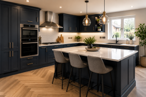 Two professional kitchen fitters precisely installing quartz worktops, shaker cabinets, and built-in appliances during a kitchen renovation in a Wolverhampton home.