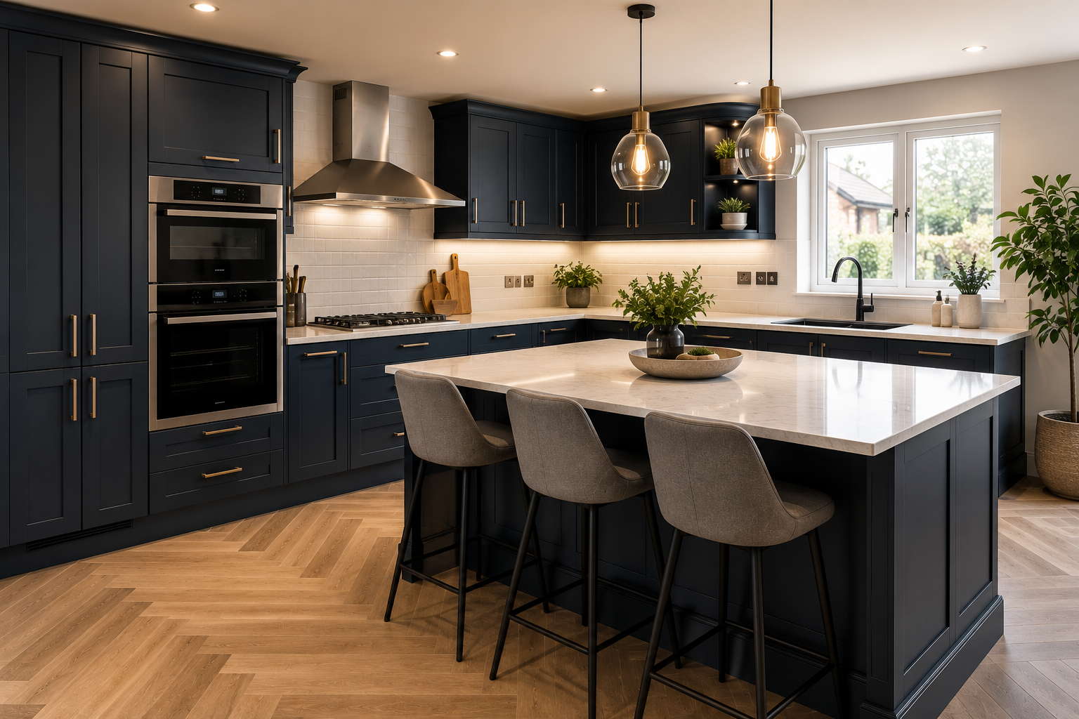 Two professional kitchen fitters precisely installing quartz worktops, shaker cabinets, and built-in appliances during a kitchen renovation in a Wolverhampton home.