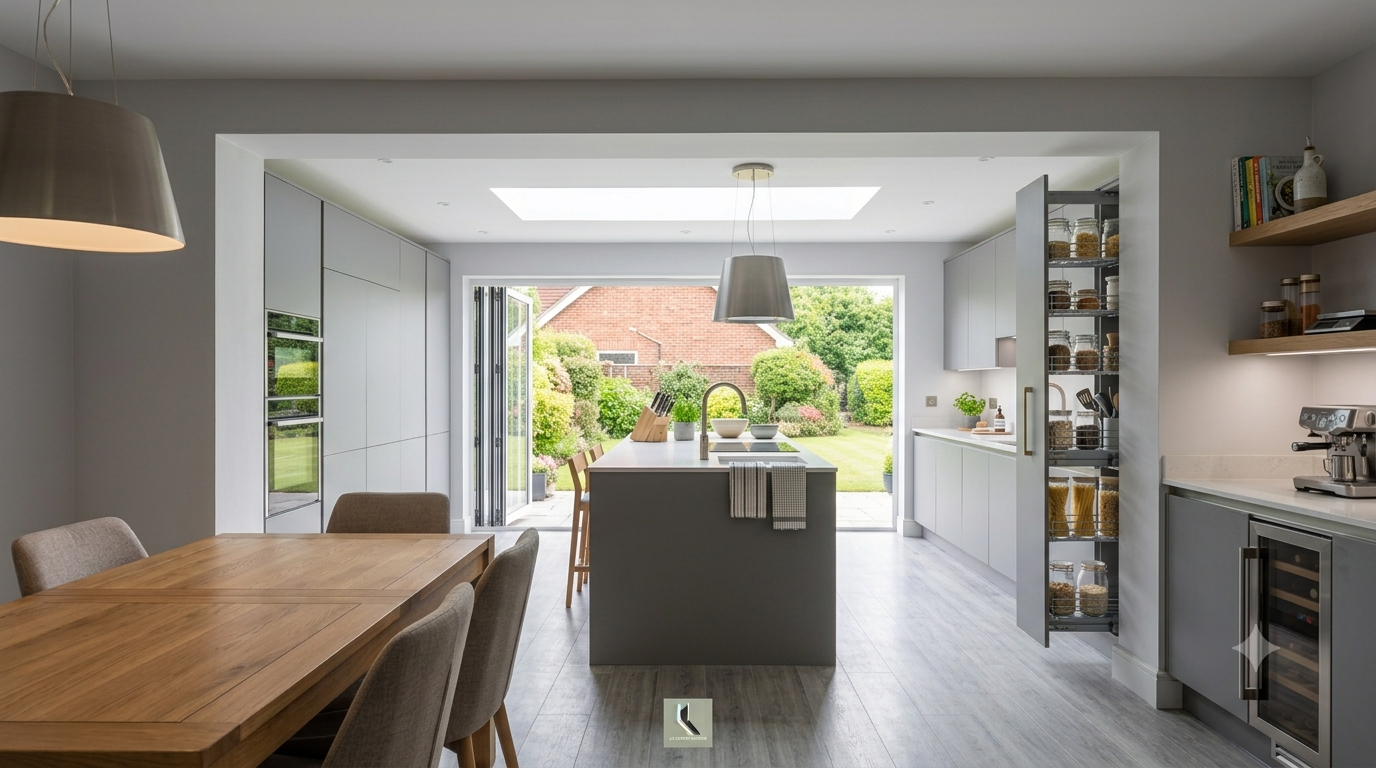 Modern kitchen extension with a central island, built-in pantry, and a wooden dining table looking out to a garden through bifold doors.