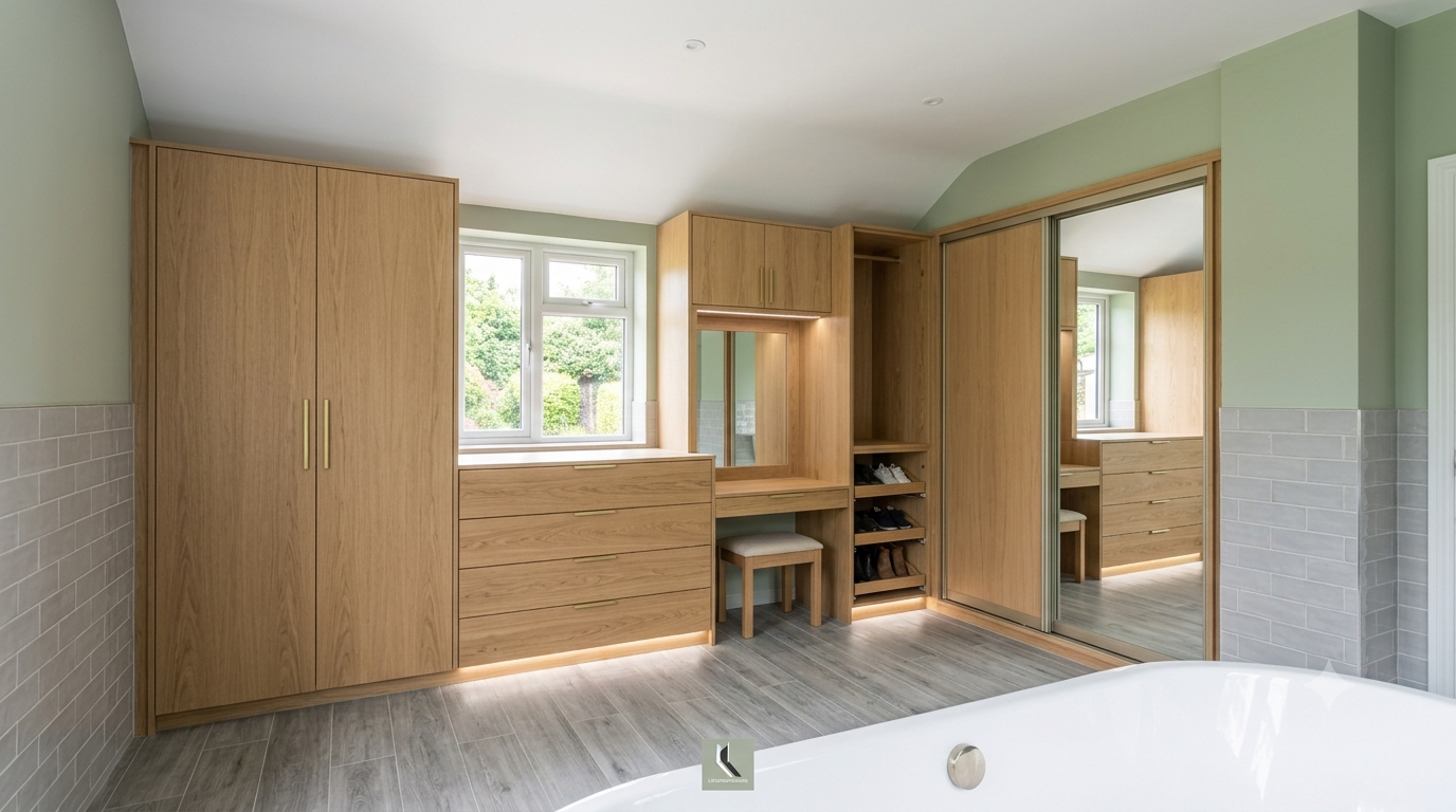 Custom oak fitted wardrobes and built-in dressing table in a bedroom.