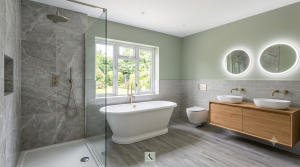 Modern bathroom renovation featuring walk-in shower and freestanding bath.