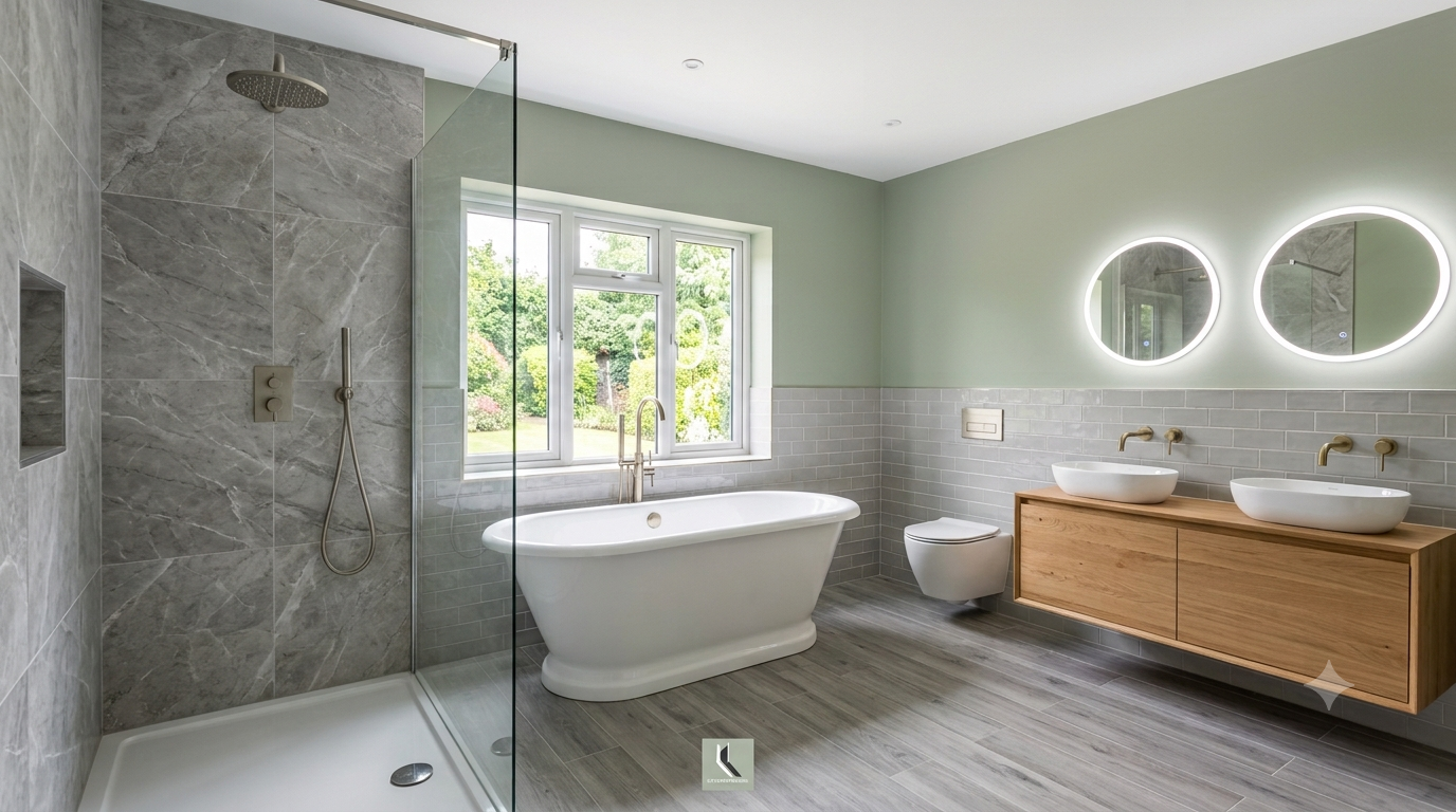 Modern bathroom renovation featuring walk-in shower and freestanding bath.