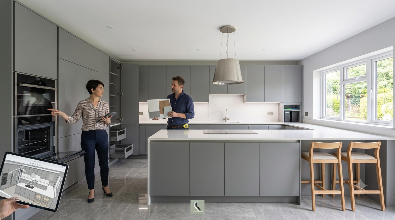 Kitchen designers discussing layout and samples inside a modern grey kitchen.