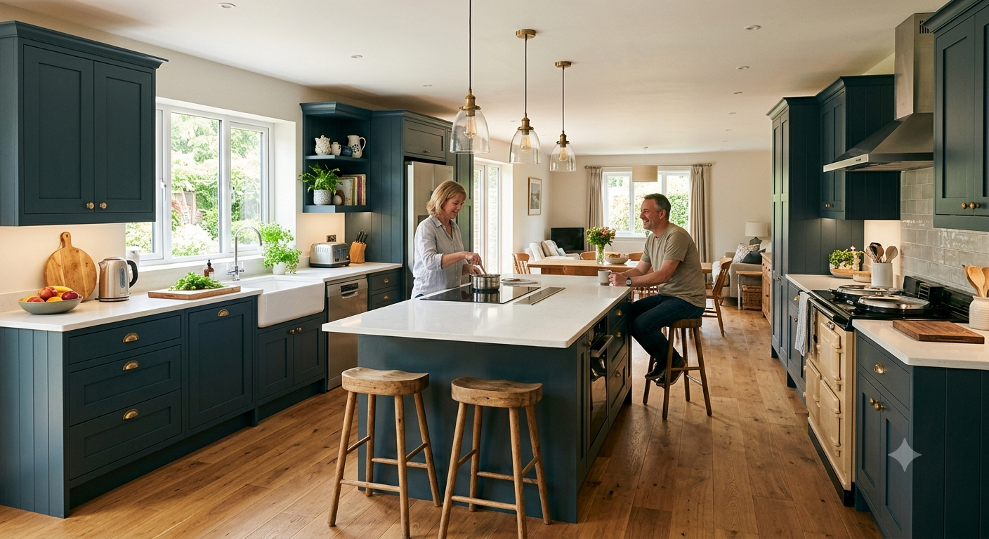 spacious open-plan Shaker kitchen featuring deep blue-grey cabinets, light quartz worktops, a central island with wooden bar stools, and warm under-cabinet LED lighting.