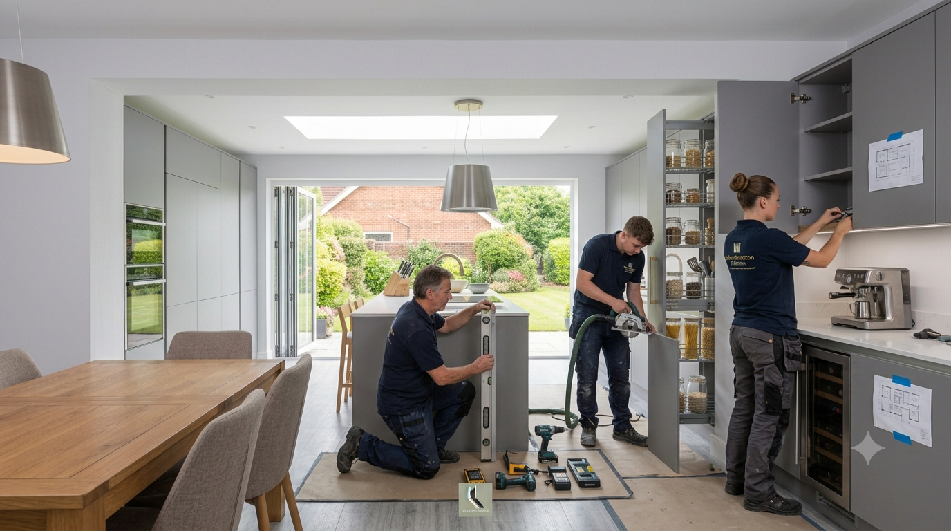 Kitchen fitters in Wolverhampton installing a new open-plan extension with a garden view.