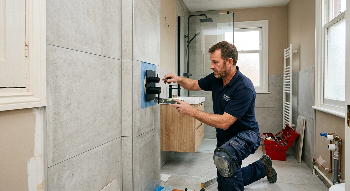 A professional bathroom fitter precisely uses a spirit level to install a modern black shower fixture during a renovation project in Birmingham.
