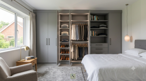 Modern grey built-in sliding wardrobe with LED lighting in a Wolverhampton bedroom.