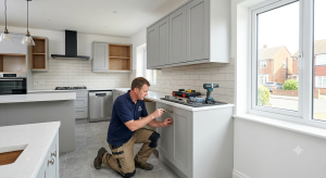 A professional kitchen fitter kneeling down to precisely install handles on modern grey shaker cabinets during a complete kitchen installation project in a Birmingham home.