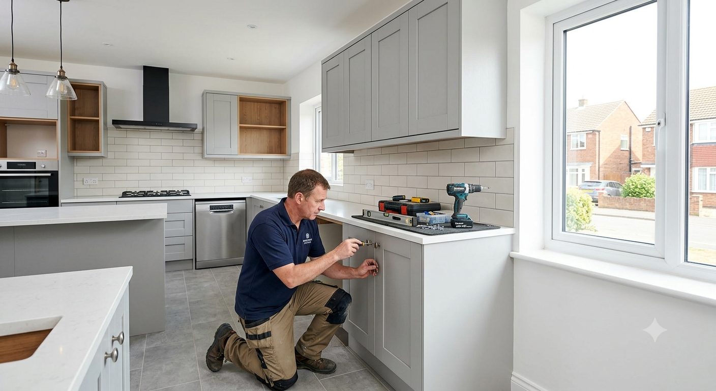 A professional kitchen fitter kneeling down to precisely install handles on modern grey shaker cabinets during a complete kitchen installation project in a Birmingham home.