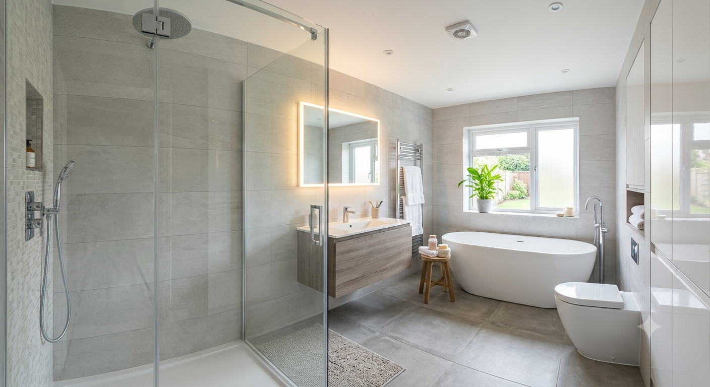 A modern redesigned bathroom in a UK home featuring large-format grey wall tiles, a glass walk-in shower, a floating wooden vanity with an LED mirror, and a freestanding bathtub by the window.