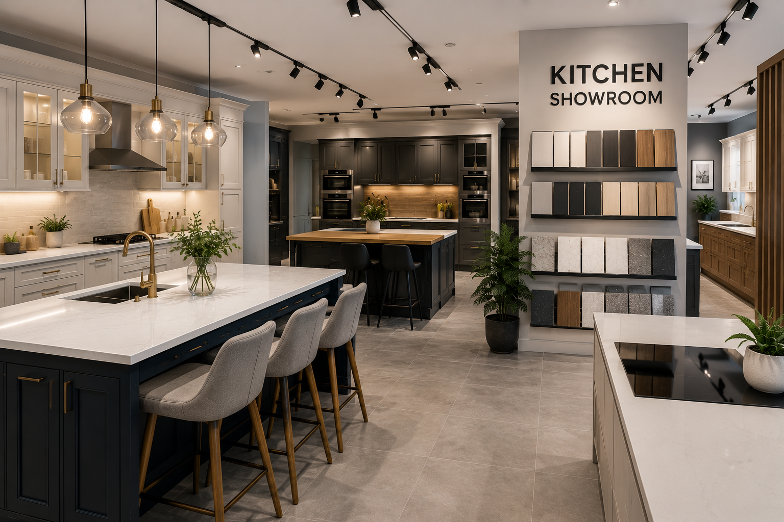 Modern kitchen showroom featuring stylish kitchen displays, cabinets, worktops, kitchen island, integrated appliances, and contemporary design ideas.