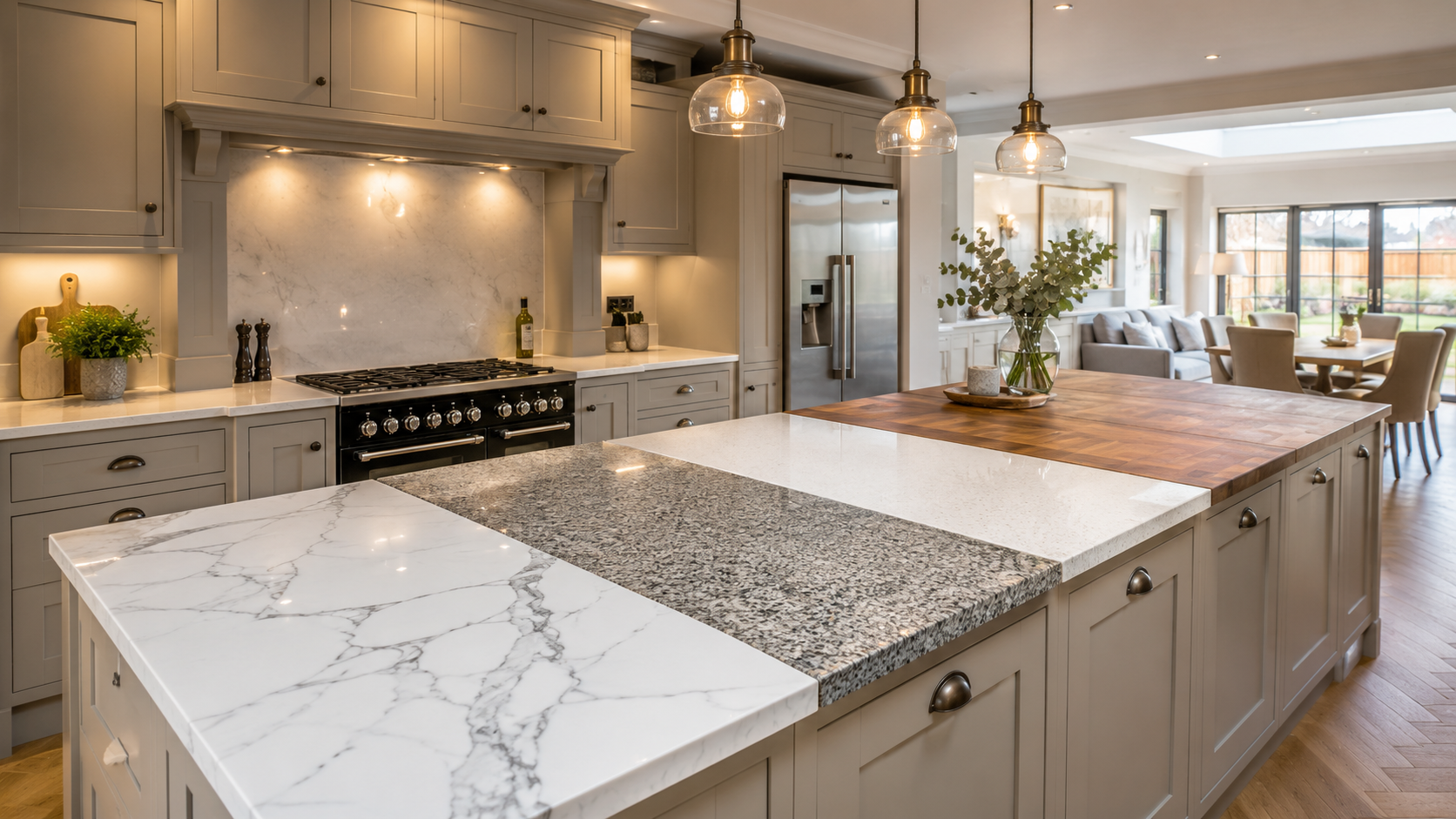 Modern South Staffordshire kitchen with quartz, granite and porcelain worktop options displayed in a luxury family home.