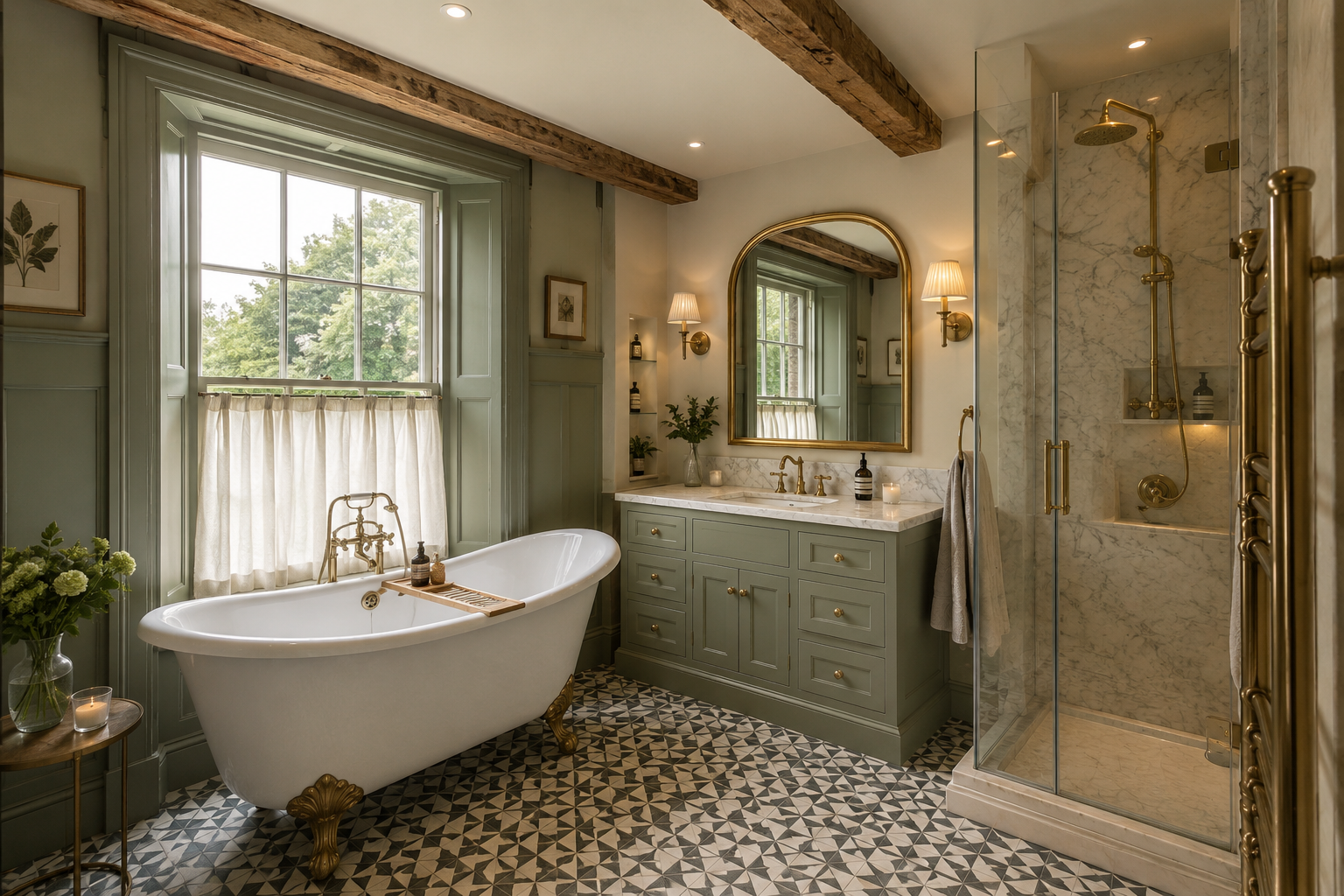 Luxury bathroom in a period home in Bridgnorth featuring a freestanding bath, brass fixtures, bespoke vanity furniture and traditional architectural details