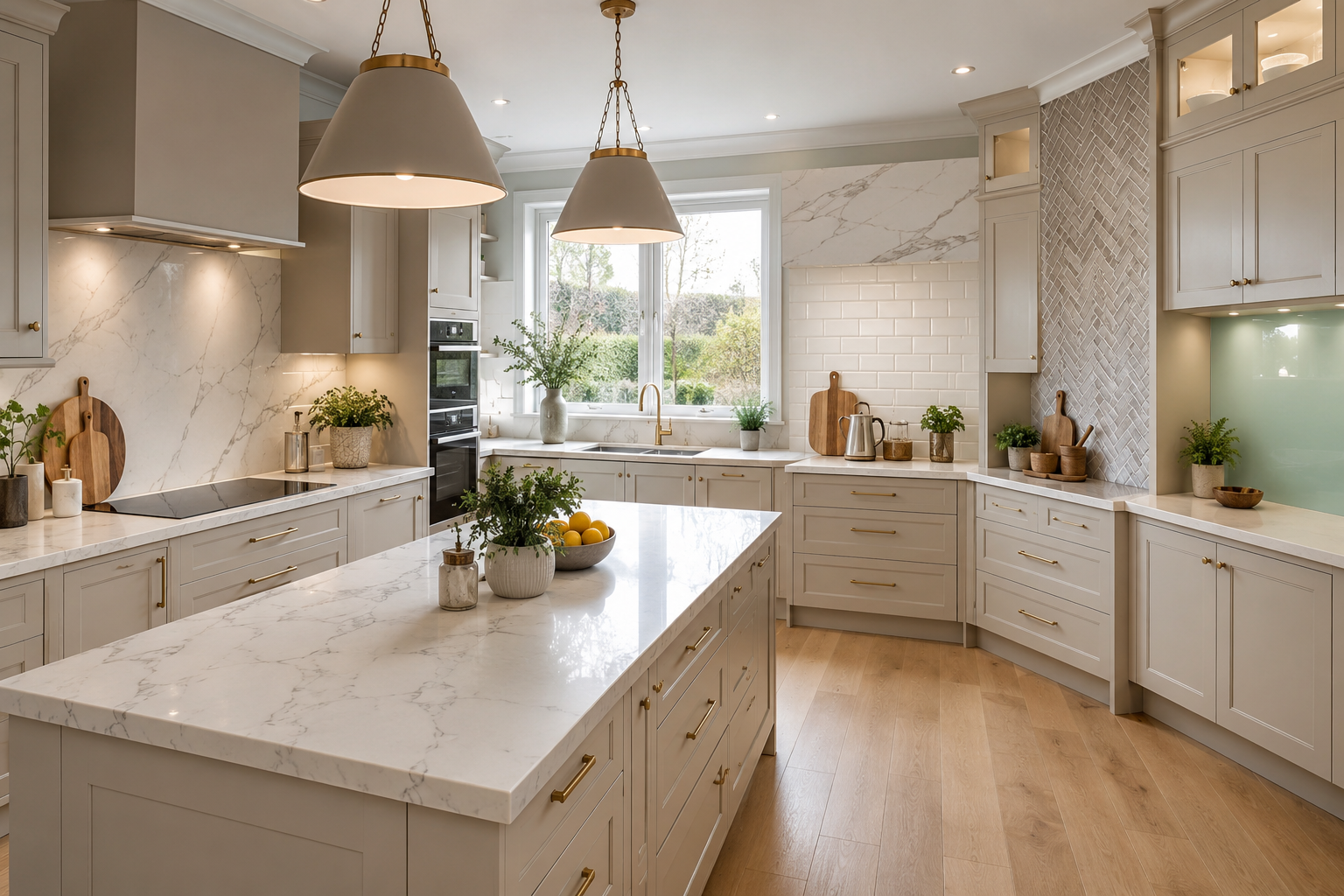 Modern British kitchen featuring quartz, metro tile, porcelain and glass splashback ideas with cashmere shaker cabinets and white quartz worktops.