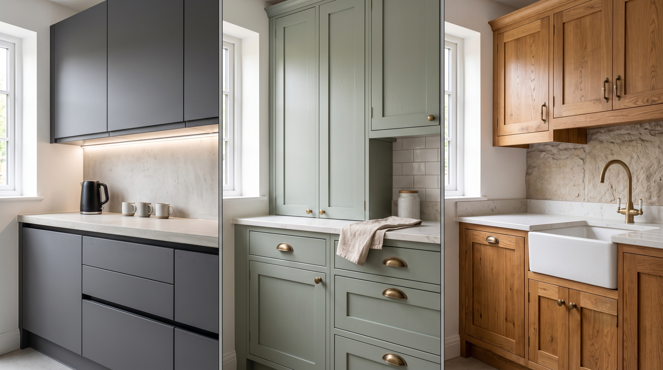 A comparison graphic displaying modern handleless (charcoal), classic Shaker (sage green), and traditional inset (stained oak) kitchen cabinetry styles