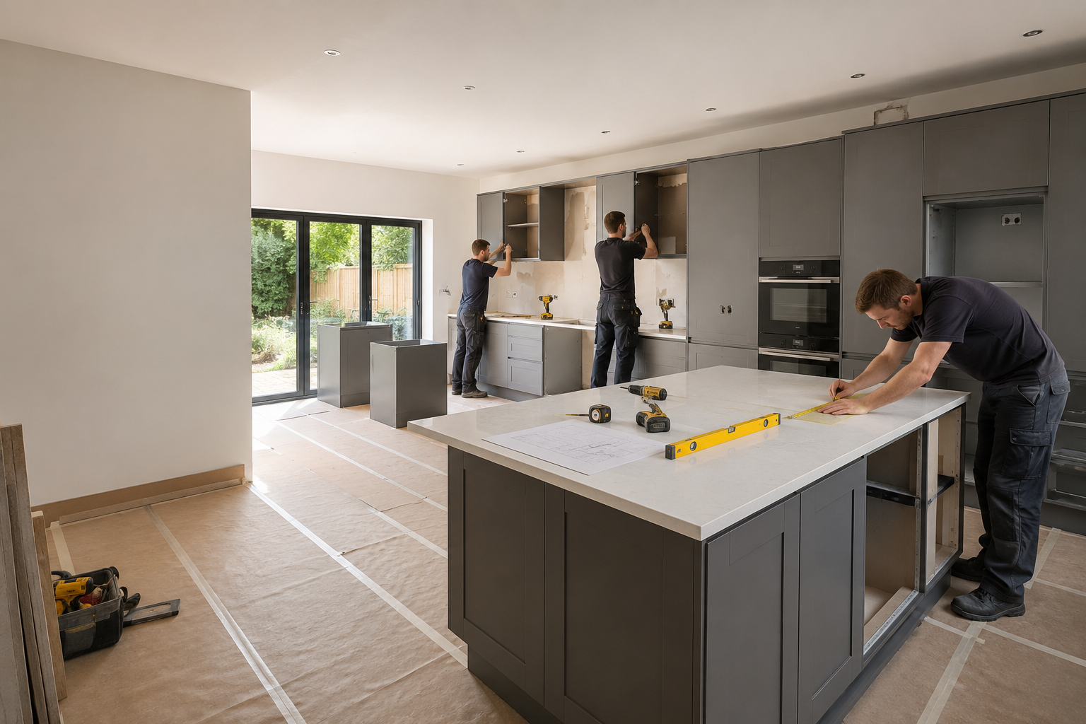 Professional kitchen installation in progress in a modern UK home with installers fitting cabinets and preparing quartz worktops.