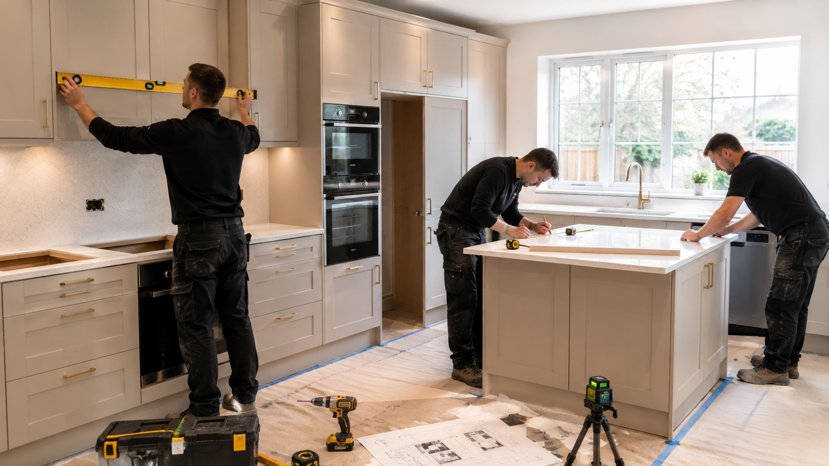 Professional kitchen installers fitting cabinets and quartz worktops during a modern kitchen installation in a UK home.