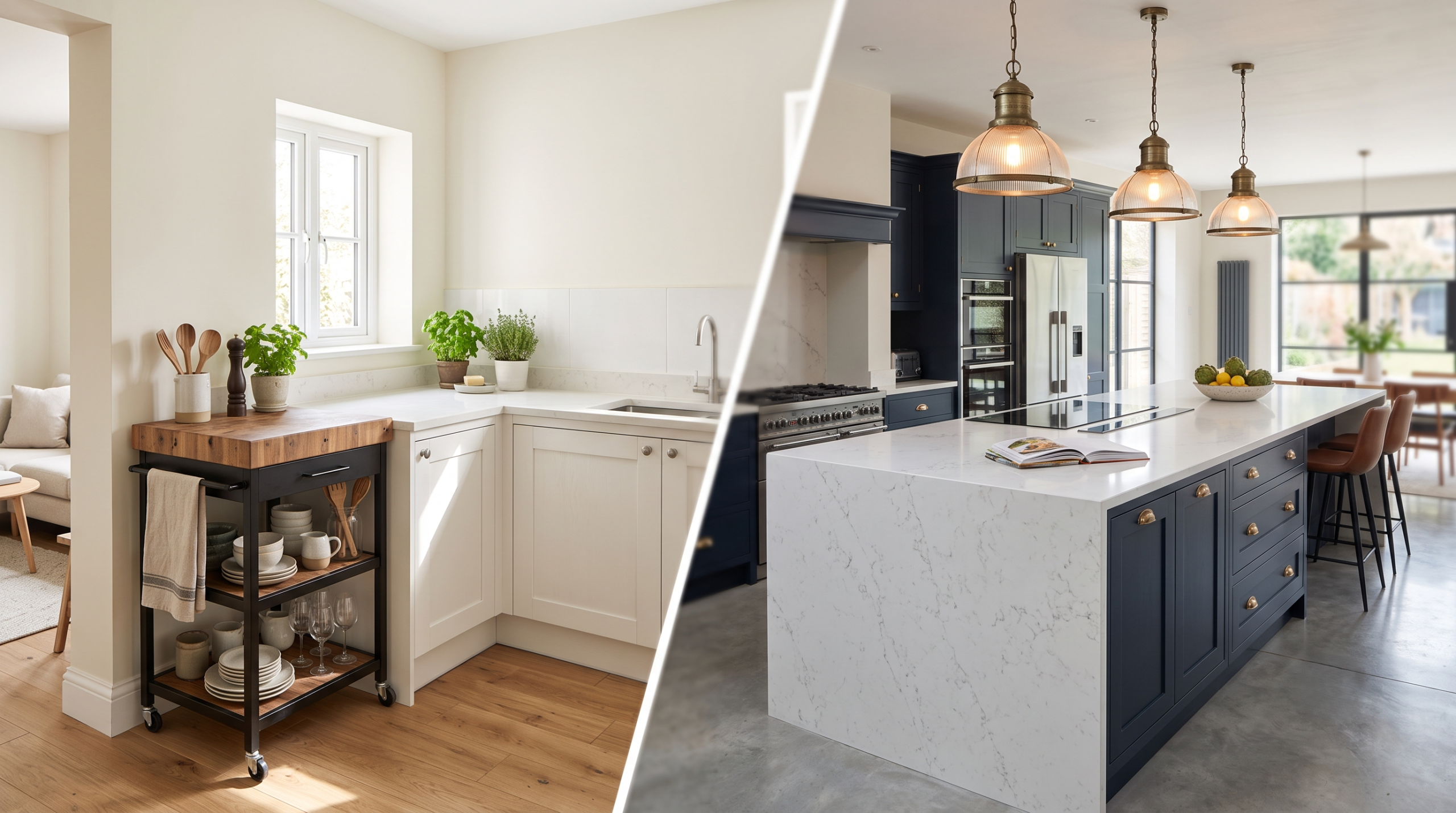 A split-screen view comparing kitchen island designs: a compact, mobile rolling cart in a small kitchen layout (left) versus a massive, luxury waterfall quartz island in a large open-plan kitchen (right)