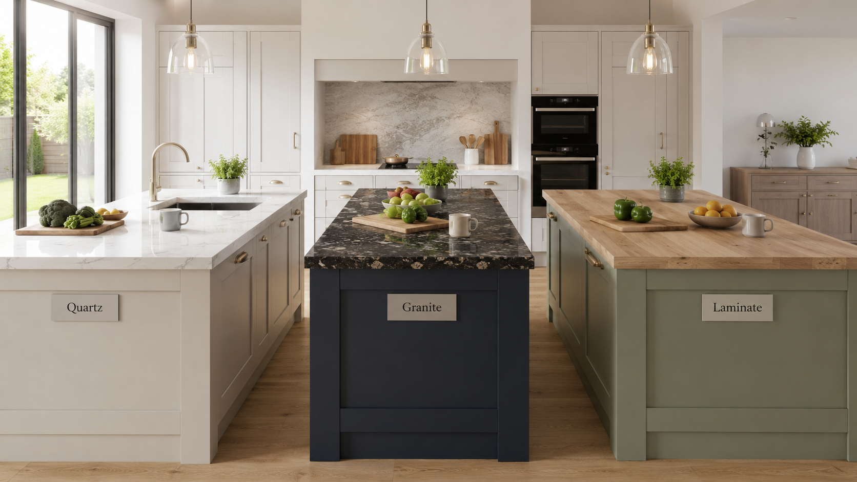 Comparison of quartz, granite and laminate kitchen worktops in a modern British kitchen showroom, highlighting different materials, colours and finishes for UK homeowners.