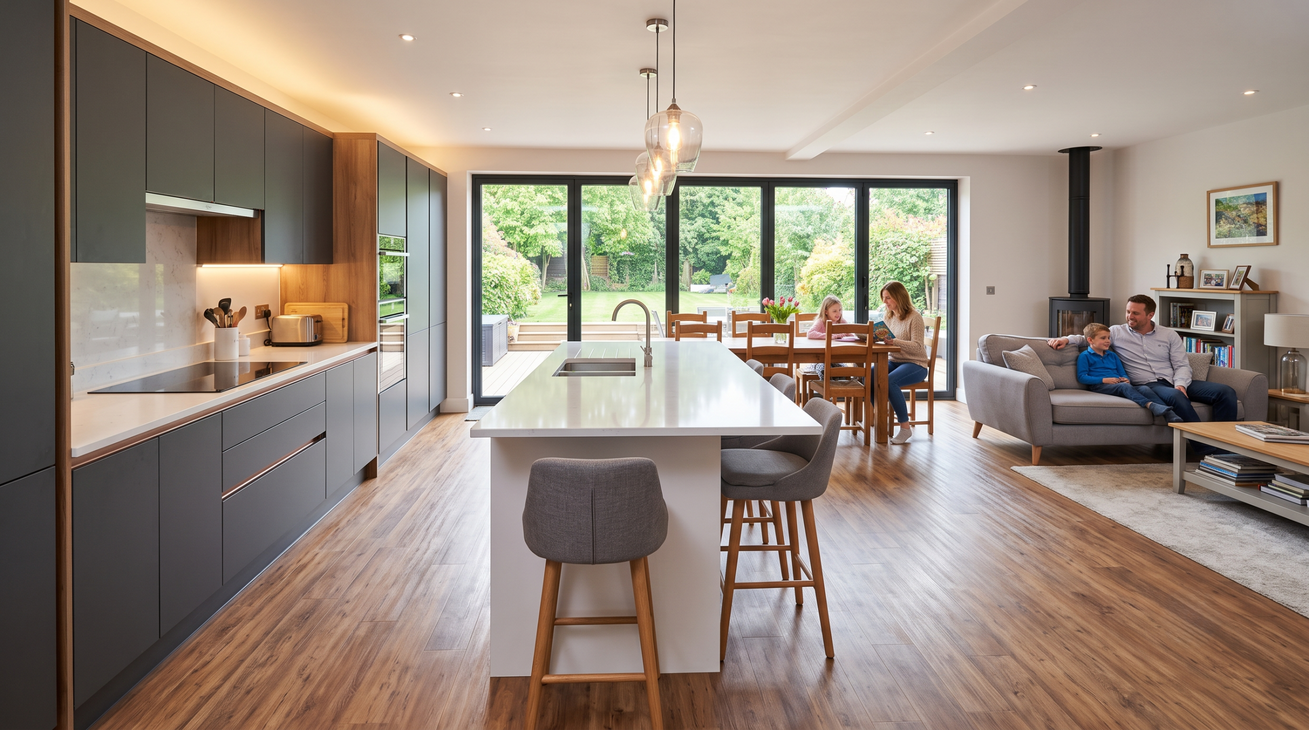 A warm, modern open-plan family kitchen featuring a large central quartz island with seating, handleless gray cabinetry, wood flooring, and soft layered lighting
