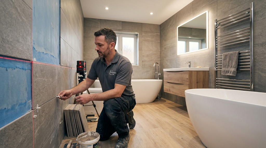 Professional bathroom fitter installing tiles with precision laser leveling in a Wolverhampton home renovation.