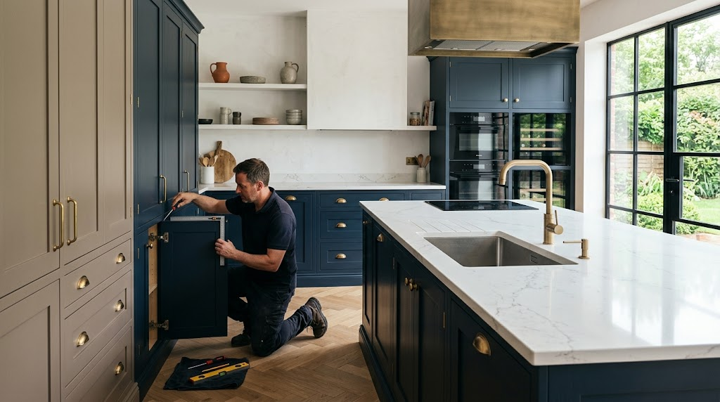 Luxury bespoke shaker kitchen featuring rigid-built cabinetry, quartz island, and brushed brass fixtures in a UK home.
