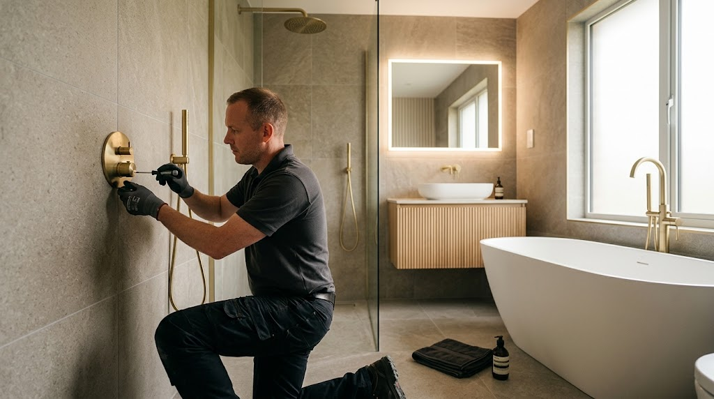 Tradesperson completing final fixtures during a modern bathroom renovation installation in the UK.
