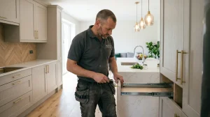 Professional installer fitting bespoke modern kitchen cabinetry during a UK home renovation.