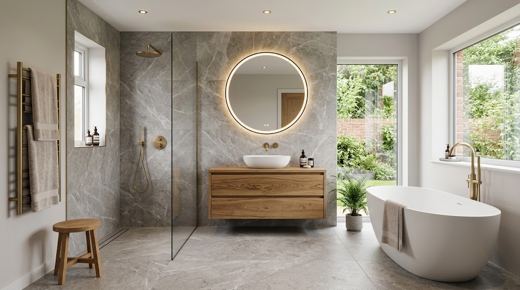 Modern luxury bathroom renovation in Wolverhampton featuring a freestanding bathtub, floating vanity, and walk-in shower.