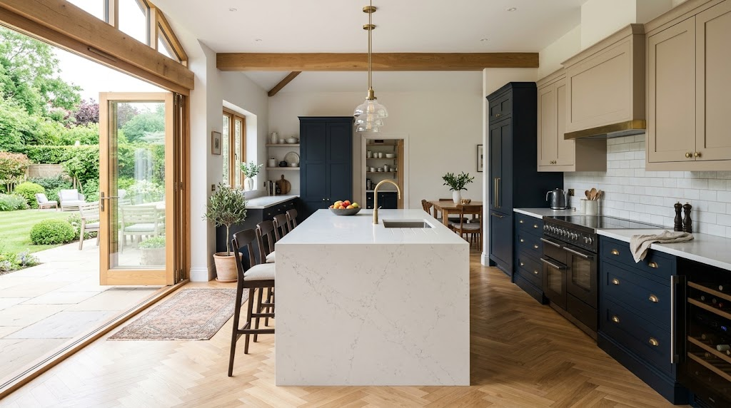 Luxury modern fitted kitchen in Wolverhampton featuring a white quartz island and bespoke navy shaker cabinetry.