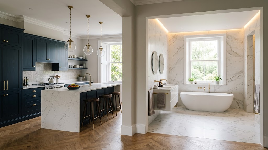 Modern home interior showing simultaneous bespoke kitchen and luxury bathroom renovations with quartz island and freestanding bathtub.