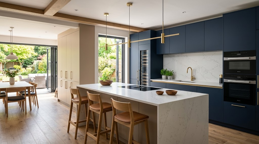 Luxury bespoke open-plan kitchen design with a quartz island and brushed brass pendants in a Wolverhampton home.