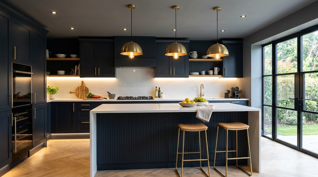 Luxury open-plan kitchen featuring layered lighting with brushed brass island pendants, under-cabinet LEDs, and plinth lighting.