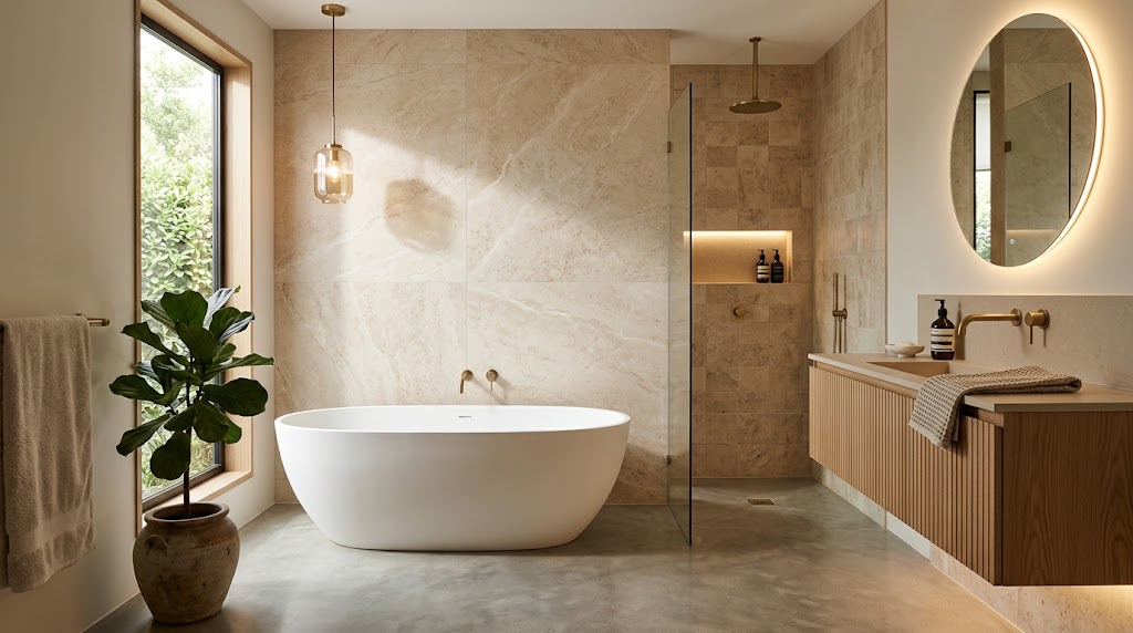 Modern 2026 bathroom design featuring a freestanding bathtub, fluted oak vanity, brushed brass taps, and large-format porcelain tiles.