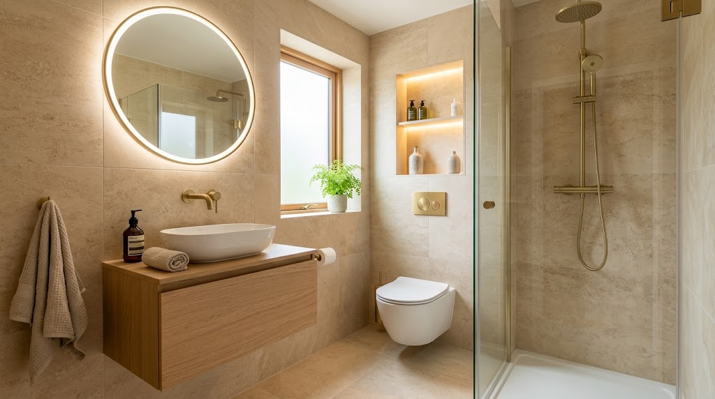 Compact modern UK bathroom design featuring a floating vanity unit, wall-hung toilet, and frameless walk-in shower.