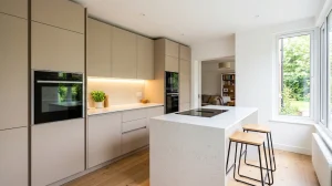 Compact modern UK kitchen featuring handleless cashmere cabinets, slimline appliances, and an integrated breakfast bar.