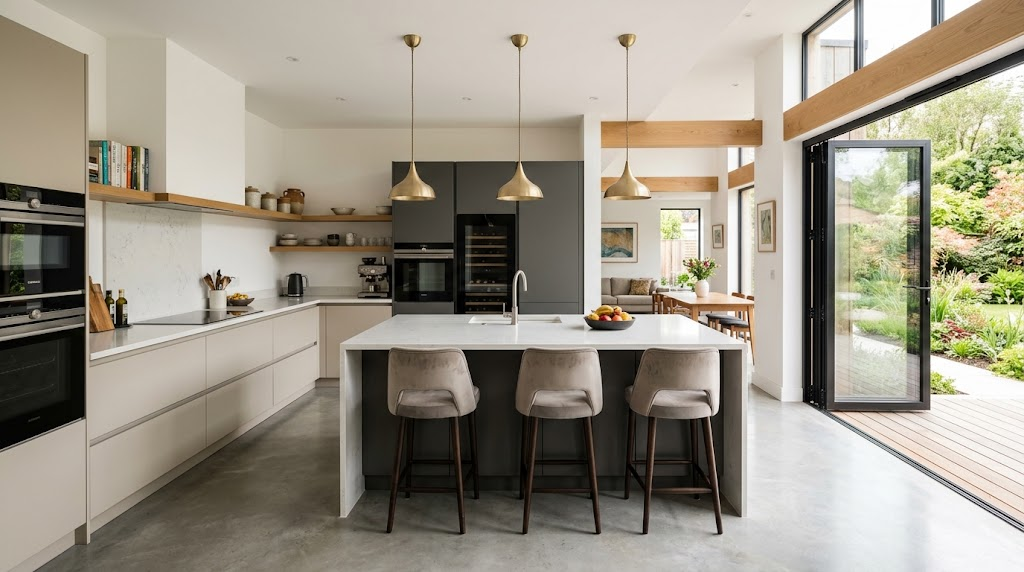 Spacious modern L-shaped kitchen with a central quartz island and breakfast bar in a contemporary UK home.